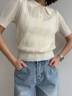 Hollow Crochet Lapel Short Sleeve Knitwear T-shirts