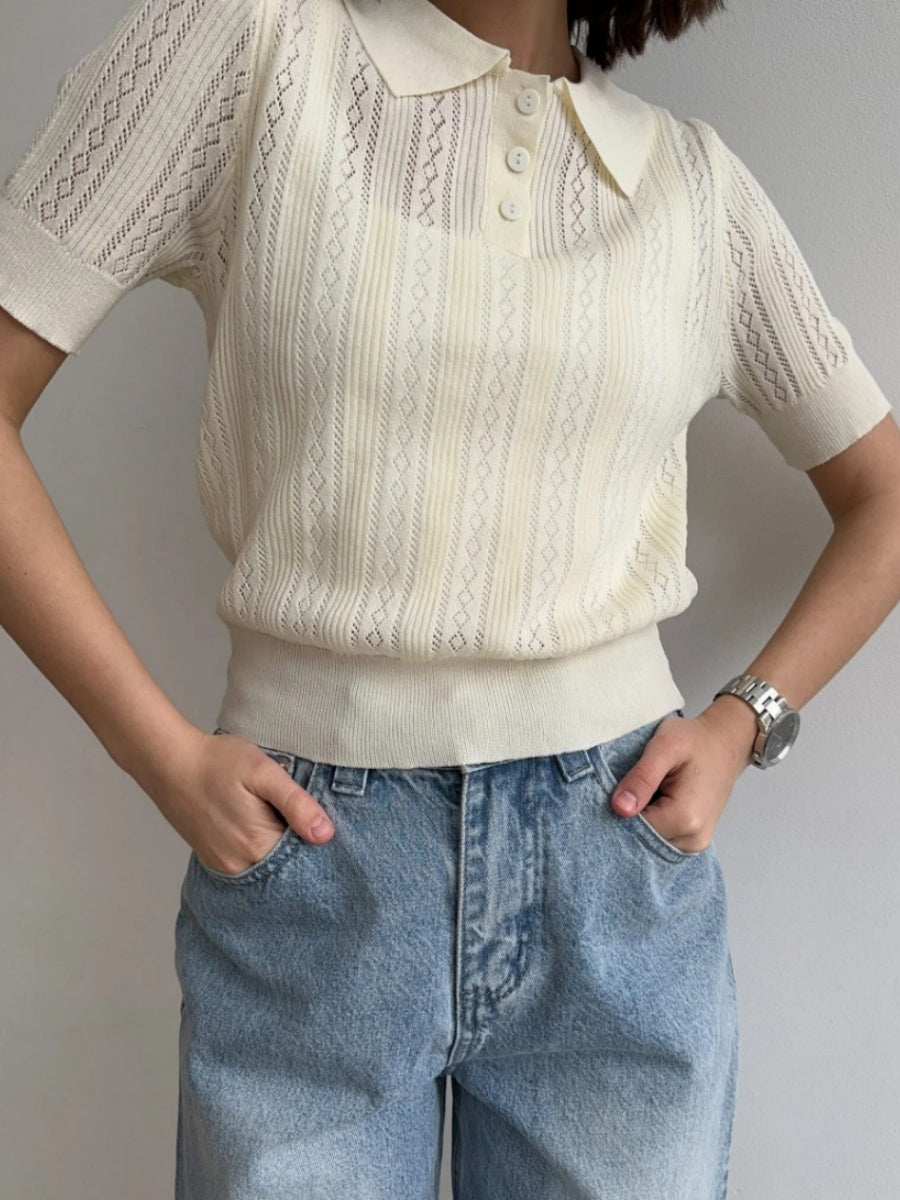 Hollow Crochet Lapel Short Sleeve Knitwear T-shirts
