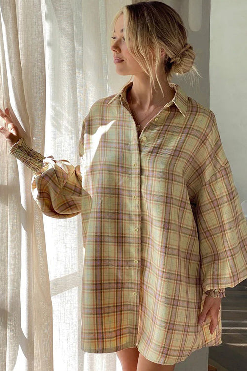 Plaid Oversized Balloon Sleeve Button Front Shirt Mini Dress