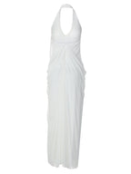 Loose-fitting, Backless, Sleeveless, V-neck, Pleated Halter-neck Mesh Long Dress