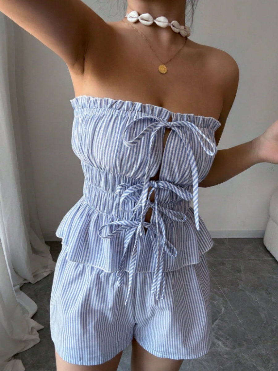 Strapless Striped Ruffled Crop Top And Elastic Waist Shorts Two-piece Set