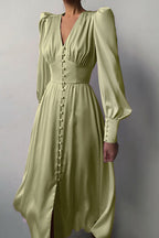 Deep V-Neck Bishop Sleeve Button Front Smocked Waist Midi Dress