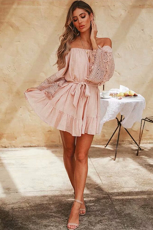 Off-the-Shoulder Bell Sleeve Eyelet Lace Fringe Trim Tie Waist Wrap Mini Dress