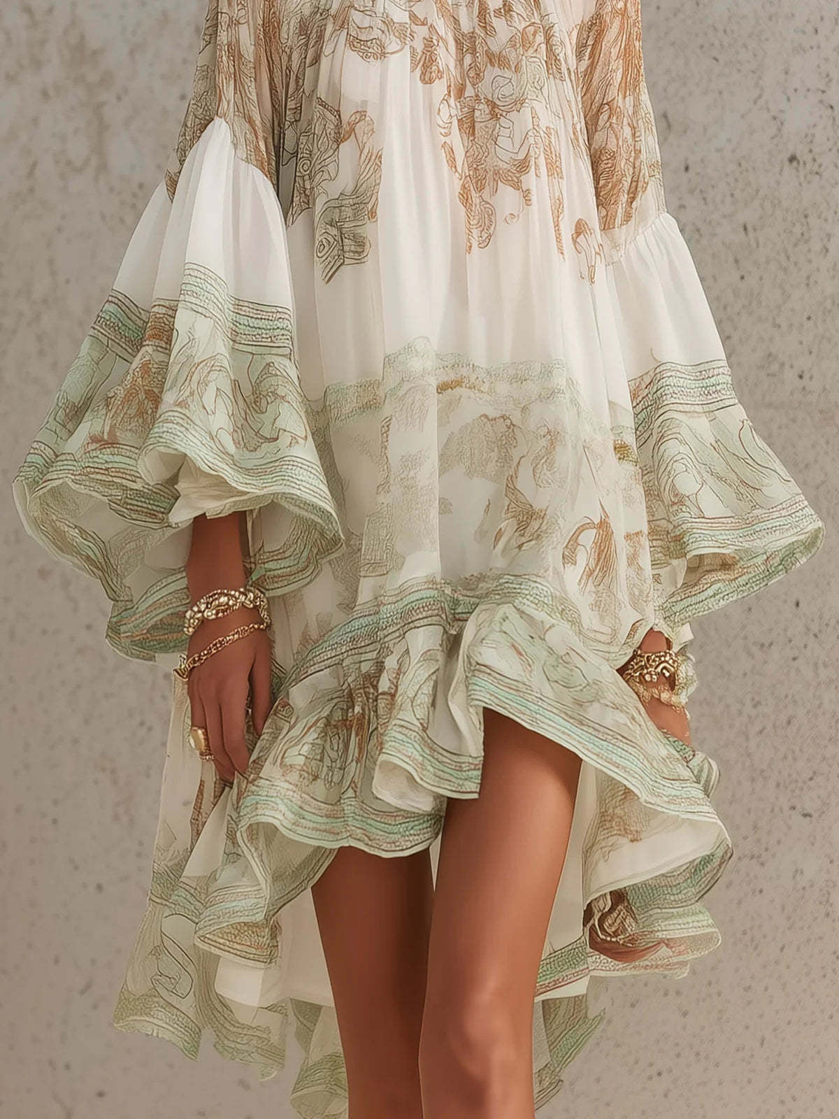 Ruffled, Vacation-style Loose-fitting, Flowy Short Dress