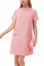 Elegant Crewneck Short Sleeves Buttons Tweed Dress