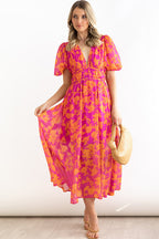 Abstract Geometric Print Deep V-Neck Puff Sleeve Cinched Waist Maxi Dress