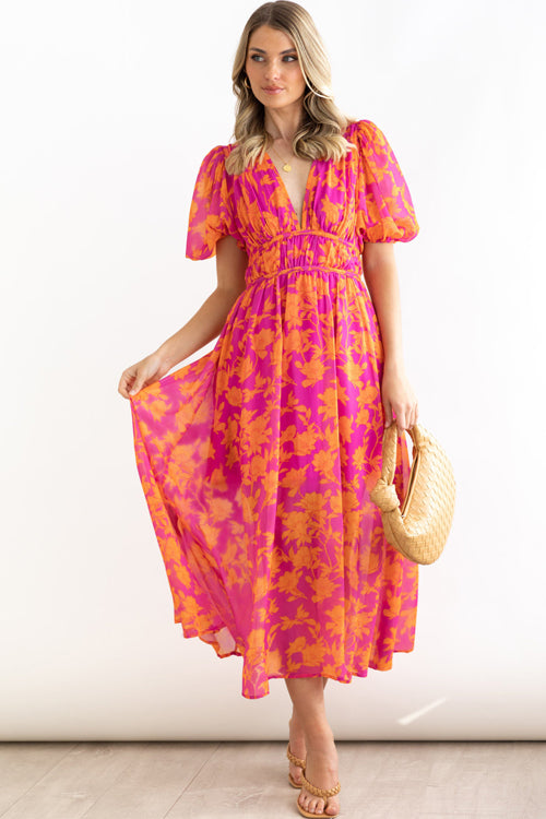 Abstract Geometric Print Deep V-Neck Puff Sleeve Cinched Waist Maxi Dress