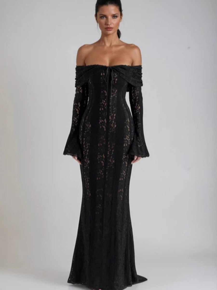 Lace Hollow Off Shoulder Flared Sleeves Hip-hugging Maxi Dresses