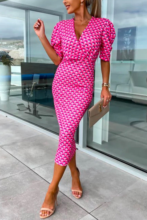 Wrap V Neck Puff Sleeves Printed Midi Bodycon Dress