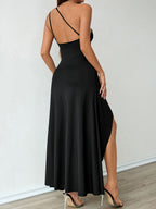 Sloping Shoulders Satin Slit Gathering Parties Maxi Dresses