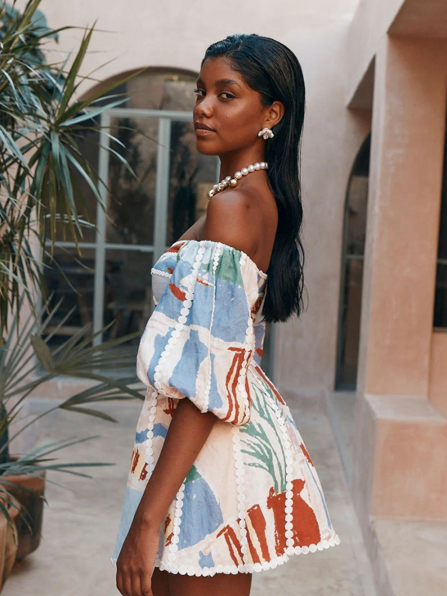 Geometric Pattern Printing Off Shoulder Short Sleeve Vacation Mini&Short Dresses