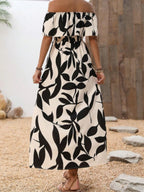 Ruffled Leaf Print Off-Shoulder Long Dress