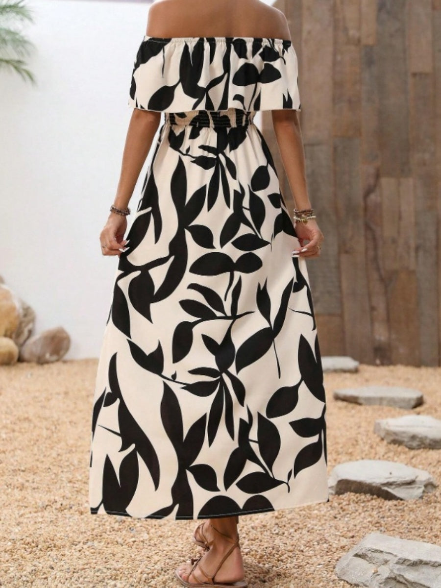 Ruffled Leaf Print Off-Shoulder Long Dress