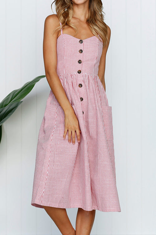 Vertical Stripe Spaghetti Strap Button Down Pocket Front Slit Midi Dress