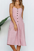 Vertical Stripe Spaghetti Strap Button Down Pocket Front Slit Midi Dress