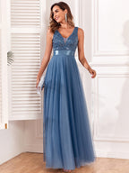 V-neck Embroidery Sequins Elegant Gauze Formal Dress Maxi Dresses