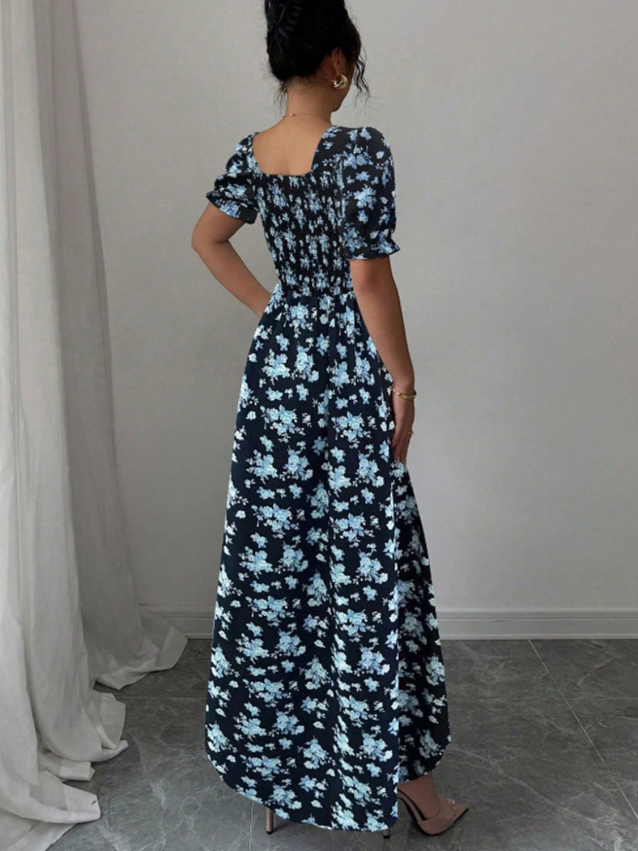 Floral Short Sleeve Square Collar Ruffle Vacation And Leisure Maxi Dresses
