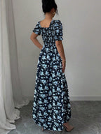 Floral Short Sleeve Square Collar Ruffle Vacation And Leisure Maxi Dresses