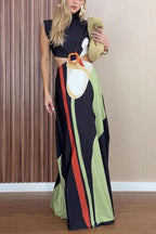 Mockneck Sleeveless Cut Out Waist Printed Maxi Dress