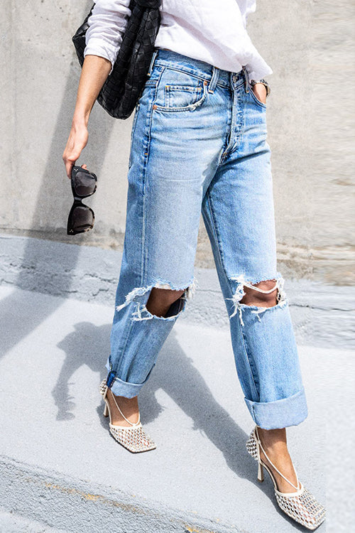 Straight Leg Ripped Boyfriend Jeans