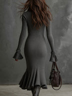 Zipper Lapel Flared Sleeves Fishtail Maxi Dresses