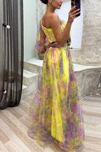 One Shoulder Waisted High Slit Mesh Overlay Printed Maxi Dress