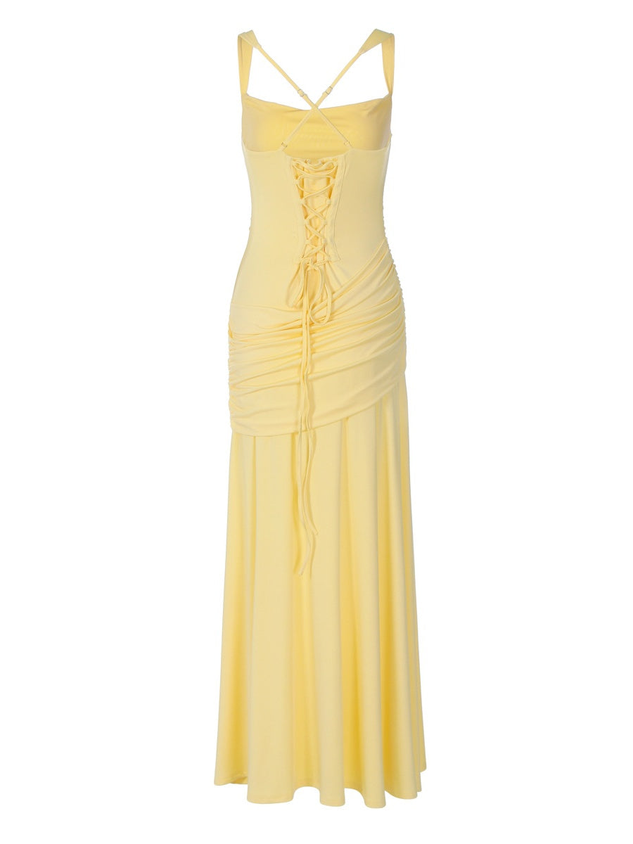 Solid Color Sleeveless Long Bodycon Dress With Back Tie Design