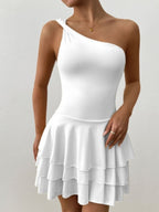 Slanted Shoulder Neck Backless Ruffle Mini&Short Dresses