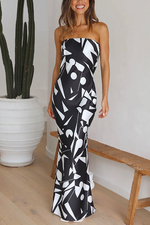 Off Shoulder Sleeveless Geometric Printed Maxi Party Dress