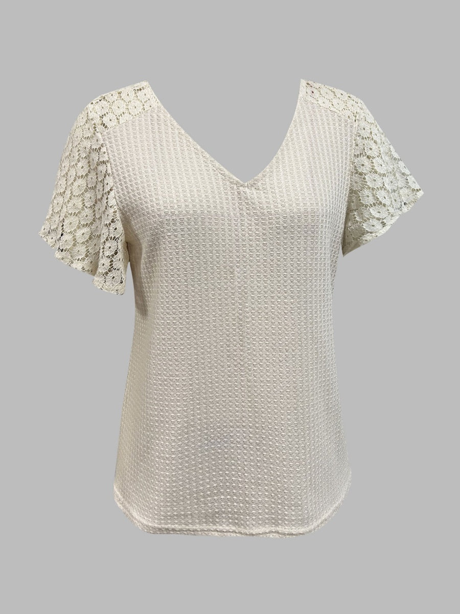V-neck Lace-trimmed Short-sleeved T-shirt