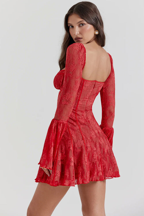 Square Neck Corset Tie Front Floral Lace Bell Sleeve Mini Dress