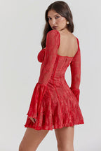Square Neck Corset Tie Front Floral Lace Bell Sleeve Mini Dress