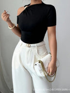 Asymmetrical Neckline, One-shoulder, Metallic Embellishment, Slim-fitting T-shirt