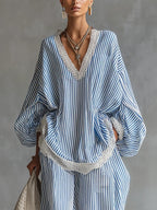 Long-sleeved Blue And White Striped Lace-trimmed Loose-fitting Wide-leg Pants Two-piece Set