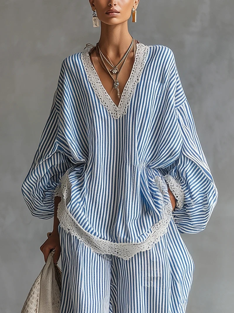 Long-sleeved Blue And White Striped Lace-trimmed Loose-fitting Wide-leg Pants Two-piece Set