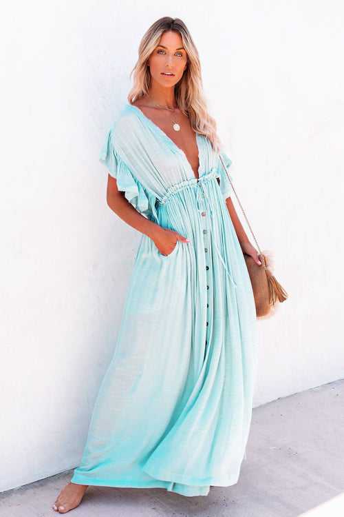 Plunging V-Neck Flutter Sleeve Tie Front Button Pocket Maxi Dress