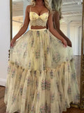 Floral Chiffon Elegant Midi Skirt Halter Neck Strap Set 2-piece Sets