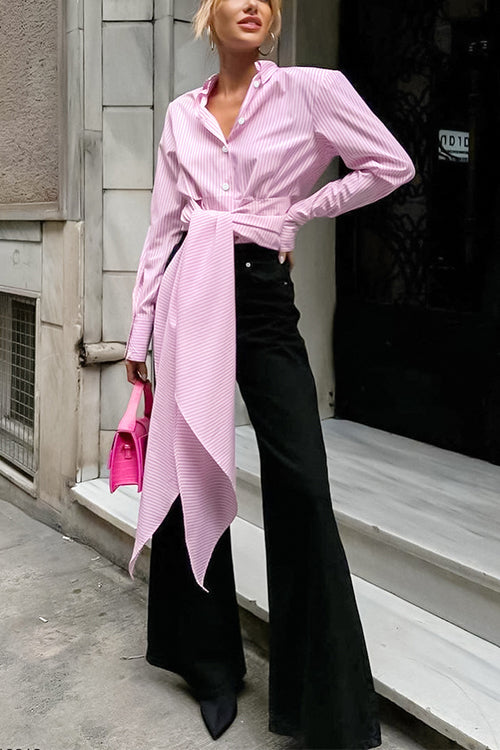 Long Sleeves Tie Waist Striped Blouse Shirt