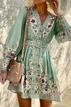 Ornamental Paisley Print Puff Sleeve V-Neck Belted Button-Front Mini Dress