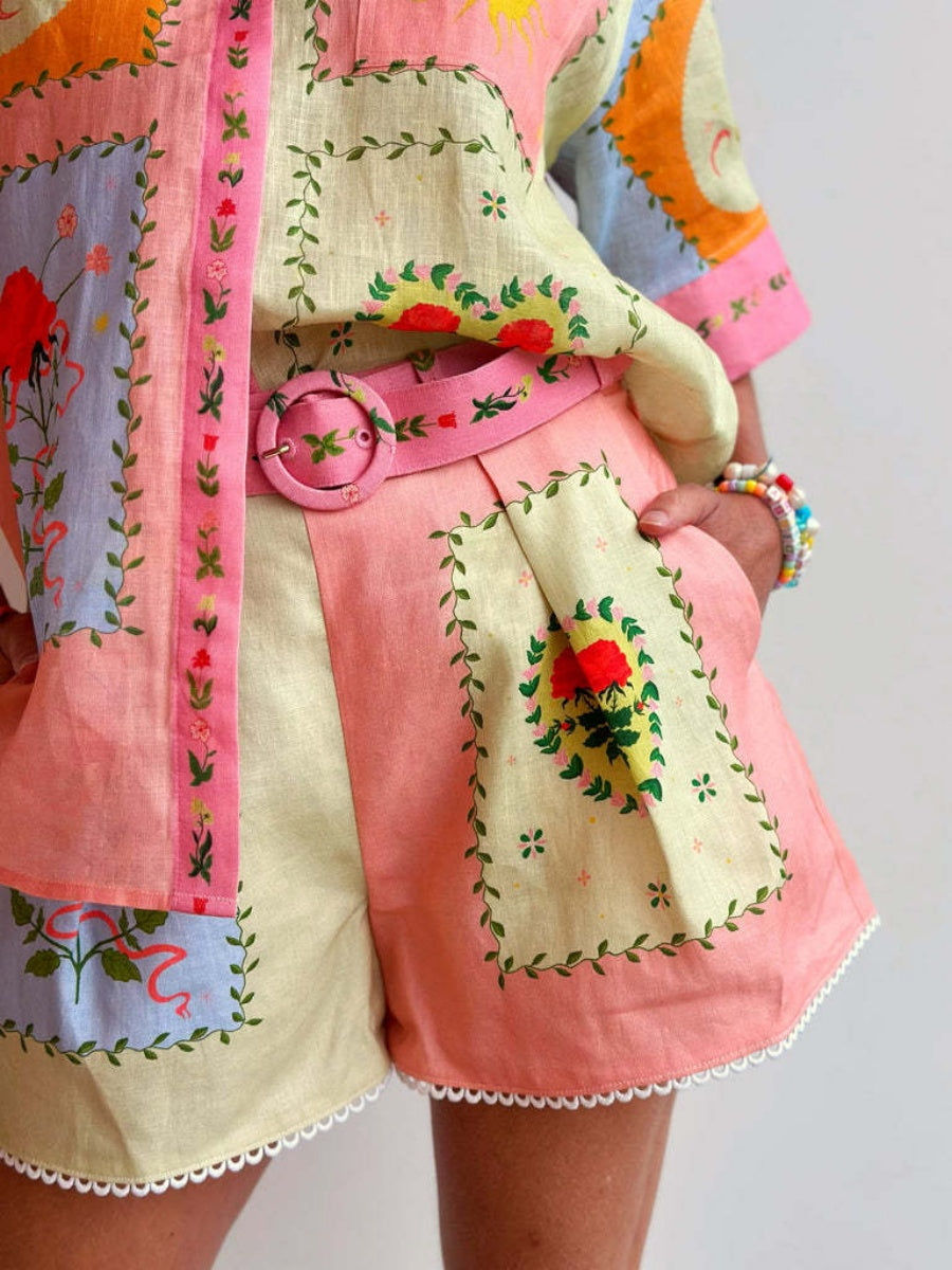 Floral Print Casual And Stylish Linen Shirt And Shorts Two-piece Set
