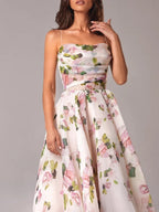 Zipper Floral Print Strapless Sleeveless Long Dress