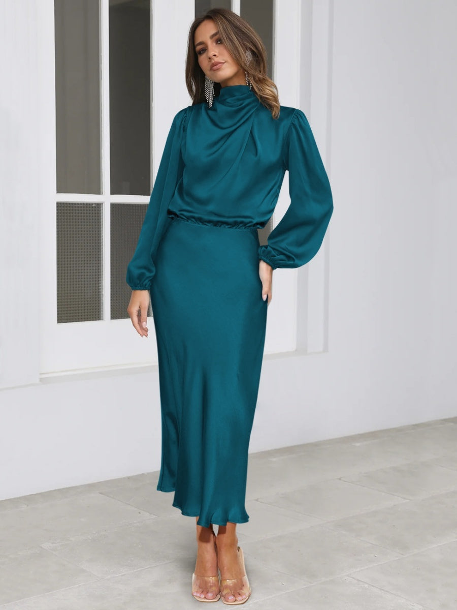 Satin Long Sleeve Loose Turtleneck Midi Dresses