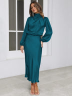 Satin Long Sleeve Loose Turtleneck Midi Dresses
