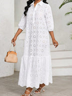 Three-quarter Sleeve Loose Shirt Collar Hollowed-out Lace Long Dress