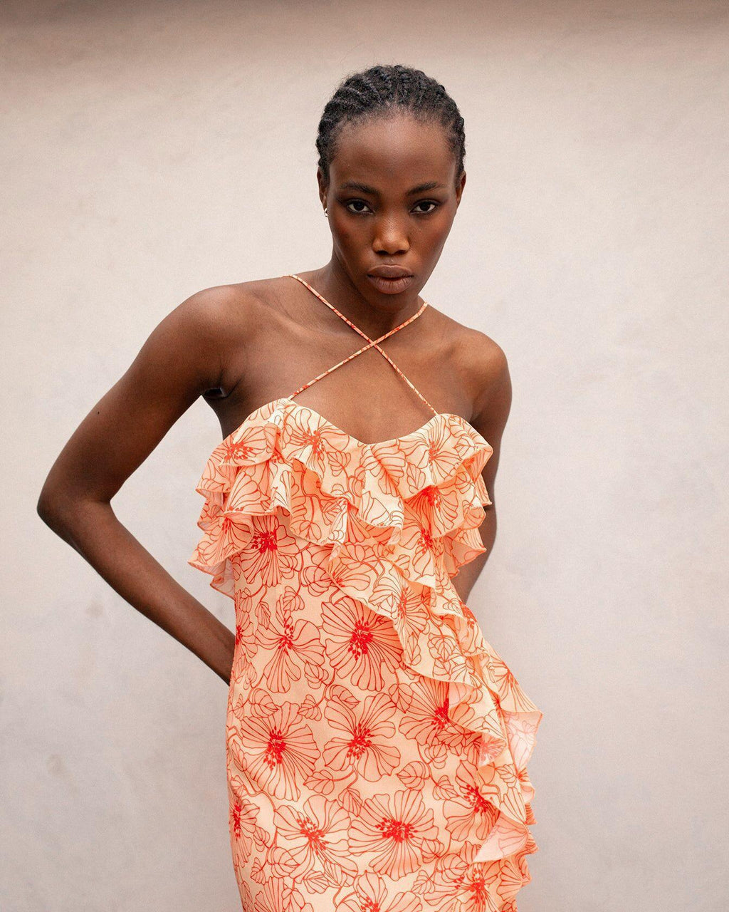 Wood Ear Cross Chiffon Floral High Slit Maxi Dresses