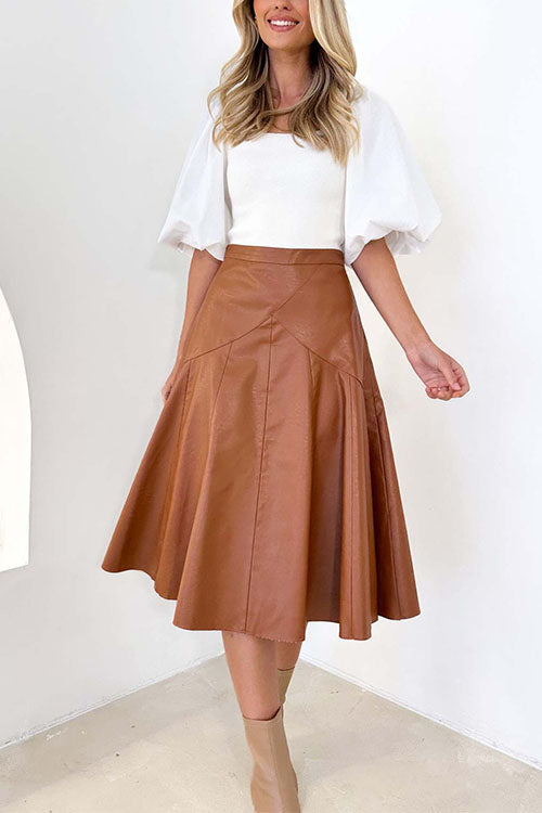 High Waist Faux Leather A-line Flare Midi Skirt