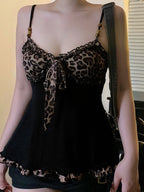 Black Leopard Print Color-blocked Mesh A-line Camisole
