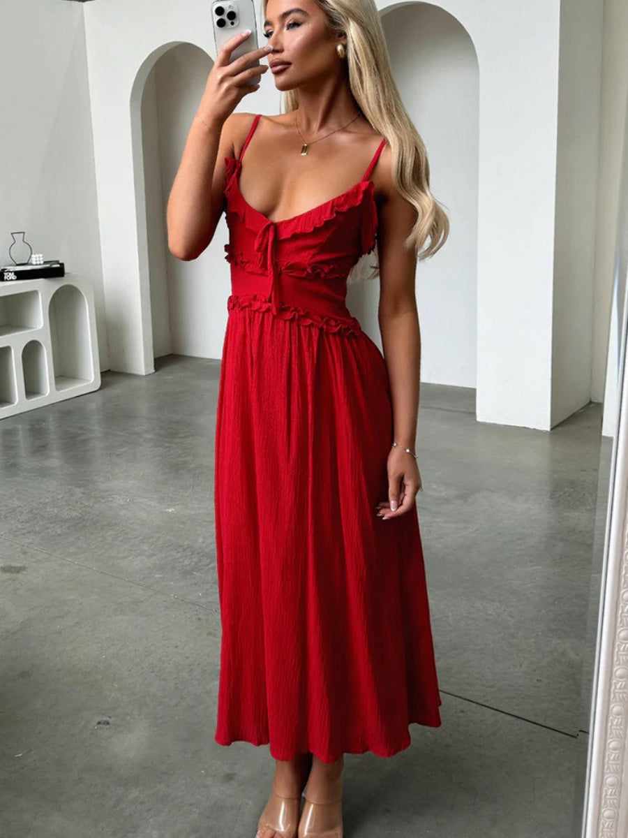 Ruffle Solid Color Camisoles Bandage Maxi Dresses