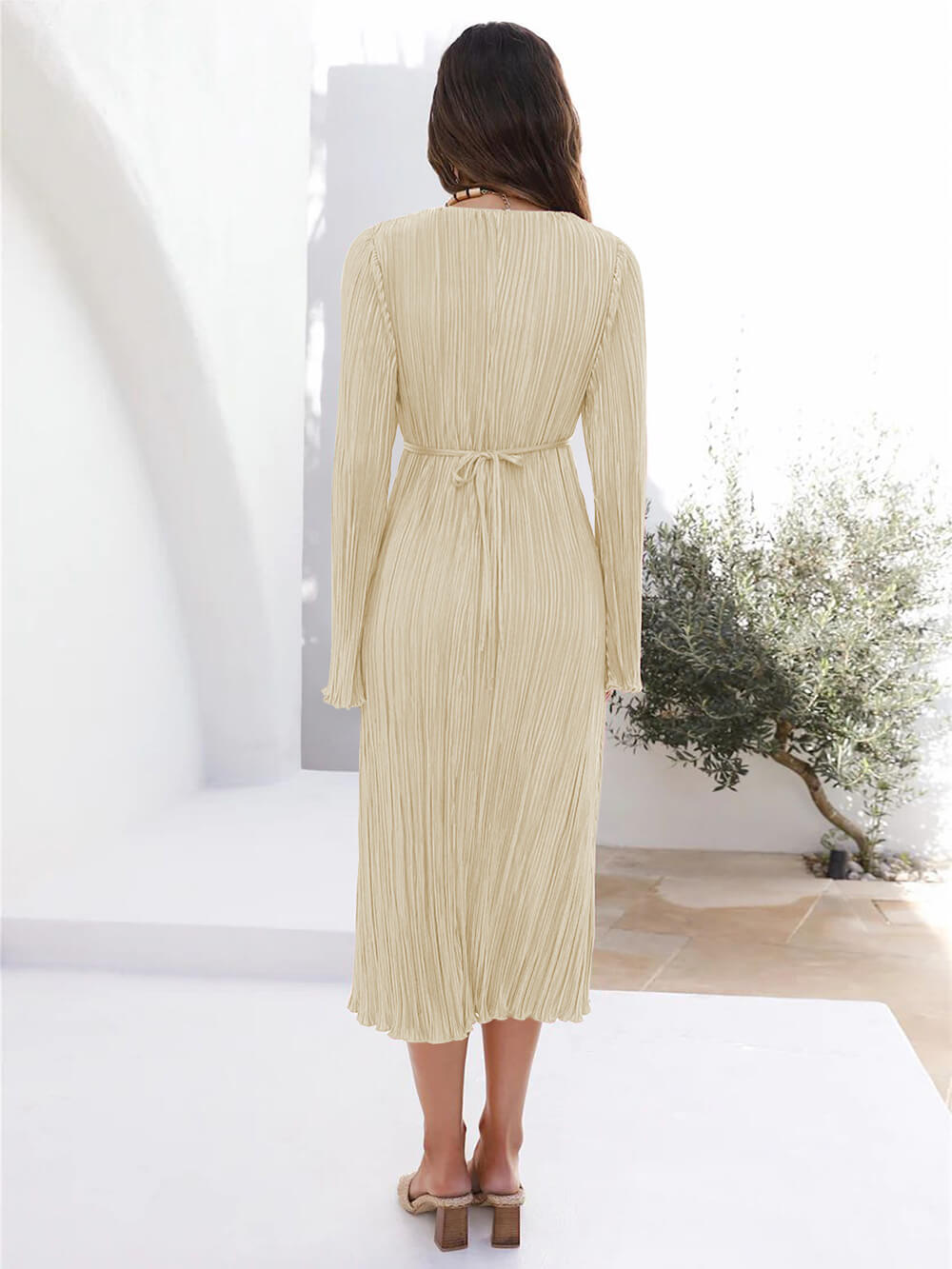 Lace-Up Plunging V-Neck Pleated Long Sleeve Empire Midi Dress