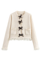 Crewneck Frayed Hem Pocketed Bow Sweater